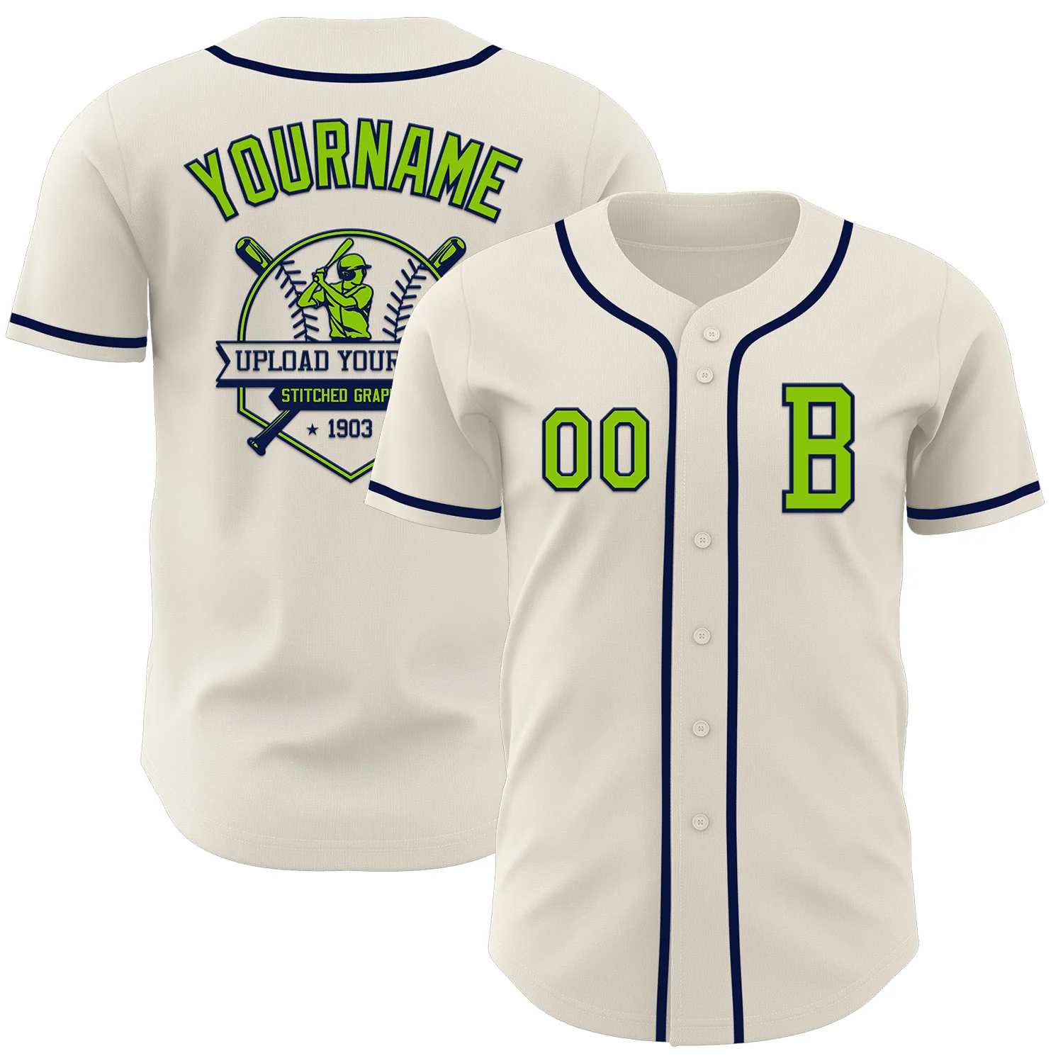 Custom Cream Neon Green-Navy Authentic Baseball Jersey - Image 5