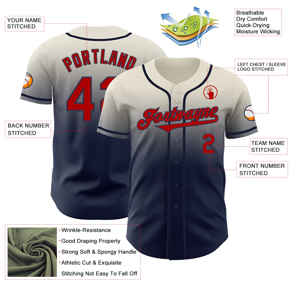 Custom Cream Red-Navy Authentic Fade Fashion Baseball Jersey - Image 3
