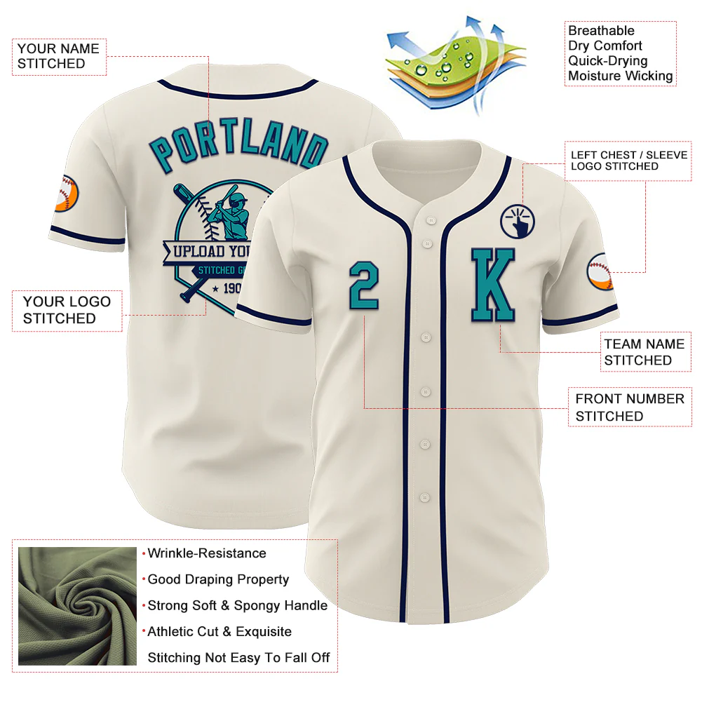 Custom Cream Teal-Navy Authentic Baseball Jersey - Image 6