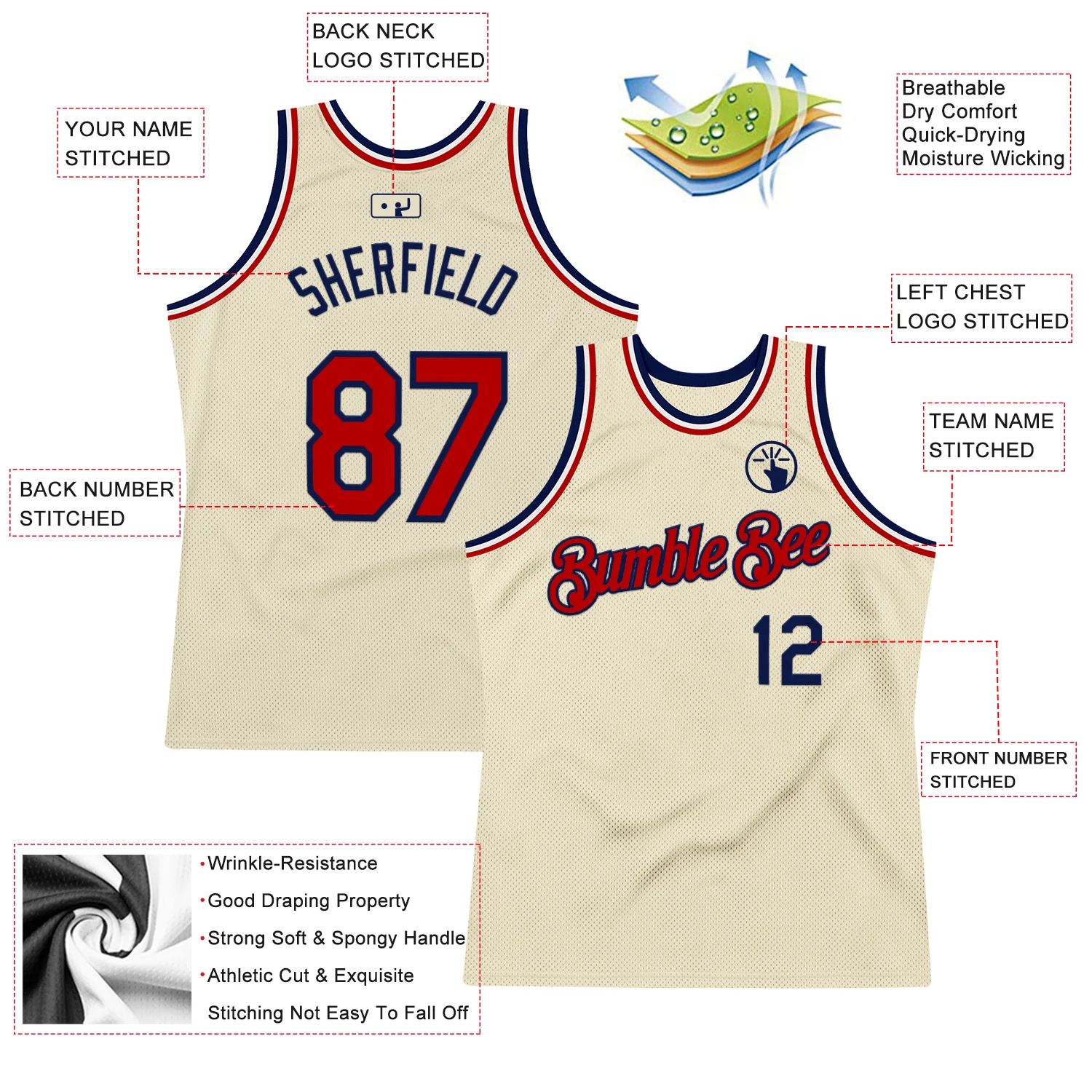 Custom Cream Red Navy-White Authentic Throwback Basketball Jersey - Image 2