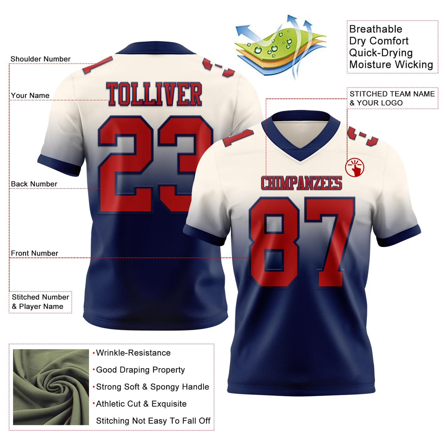 Custom Cream Red-Navy Authentic Fade Fashion Football Jersey - Image 2