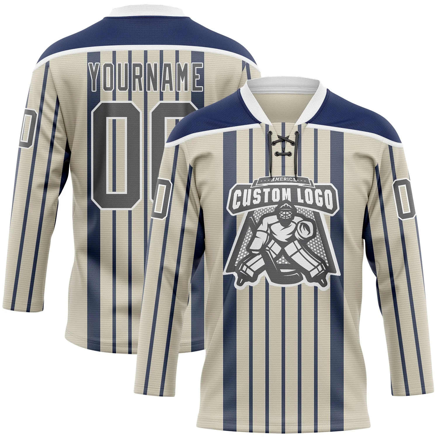 Custom Cream Steel Gray Navy-White Stripe Hockey Lace Neck Jersey - Image 2