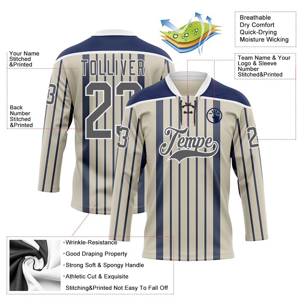 Custom Cream Steel Gray Navy-White Stripe Hockey Lace Neck Jersey - Image 5