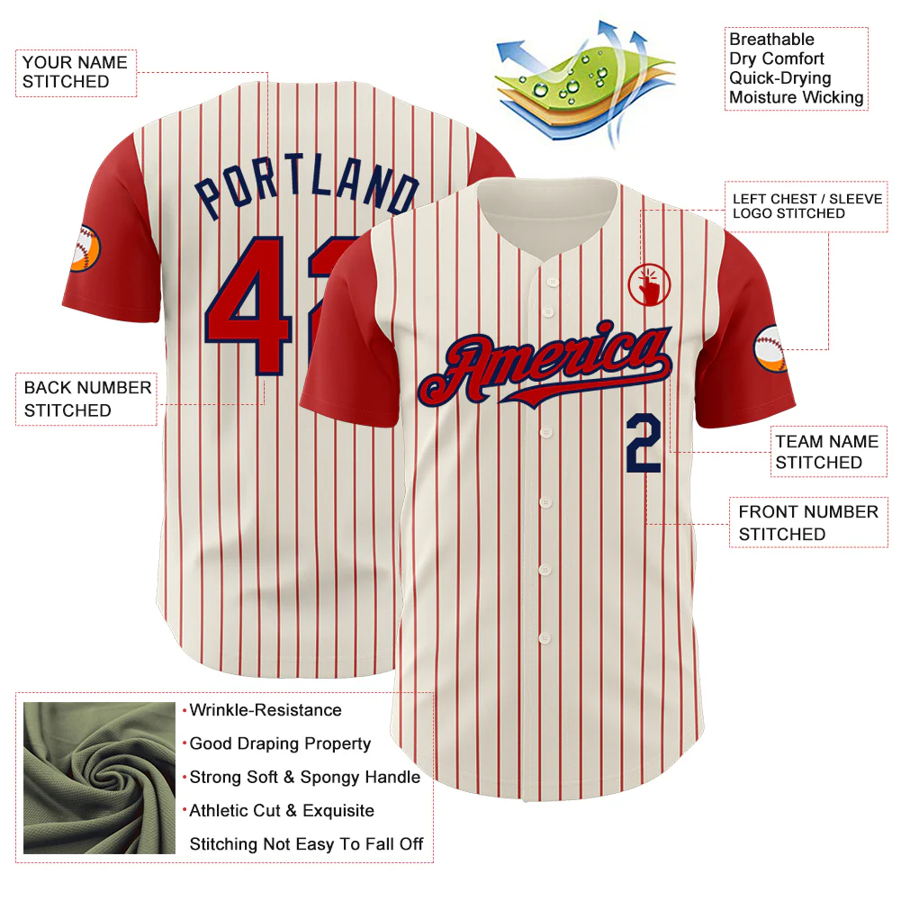 Custom Cream Red Pinstripe Navy Authentic Two Tone Baseball Jersey - Image 3