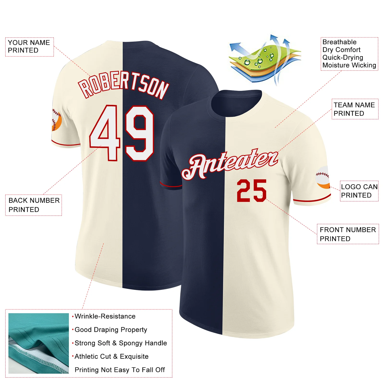 Custom Cream White Navy-Red Split Fashion Performance T-Shirt - Image 2