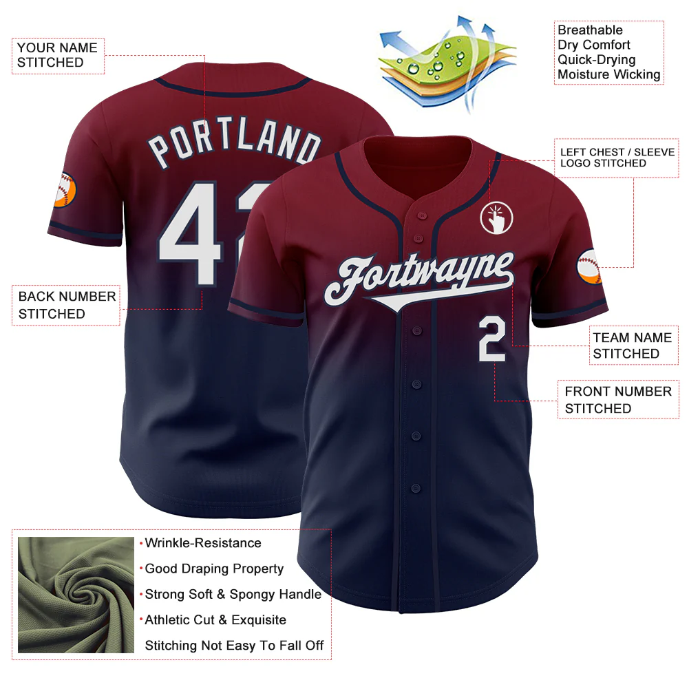Custom Crimson White-Navy Authentic Fade Fashion Baseball Jersey - Image 3
