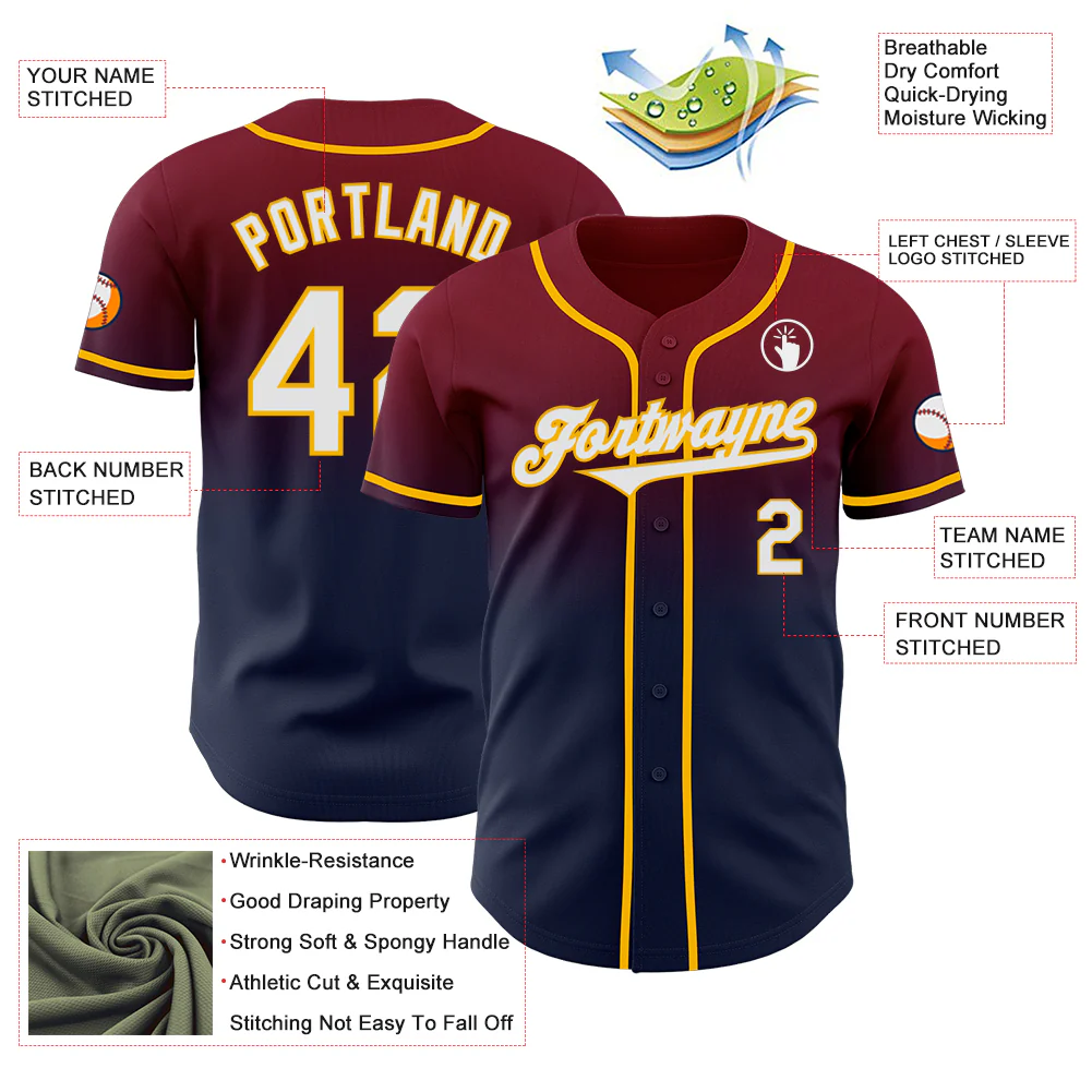 Custom Crimson Navy-Gold Authentic Fade Fashion Baseball Jersey - Image 3