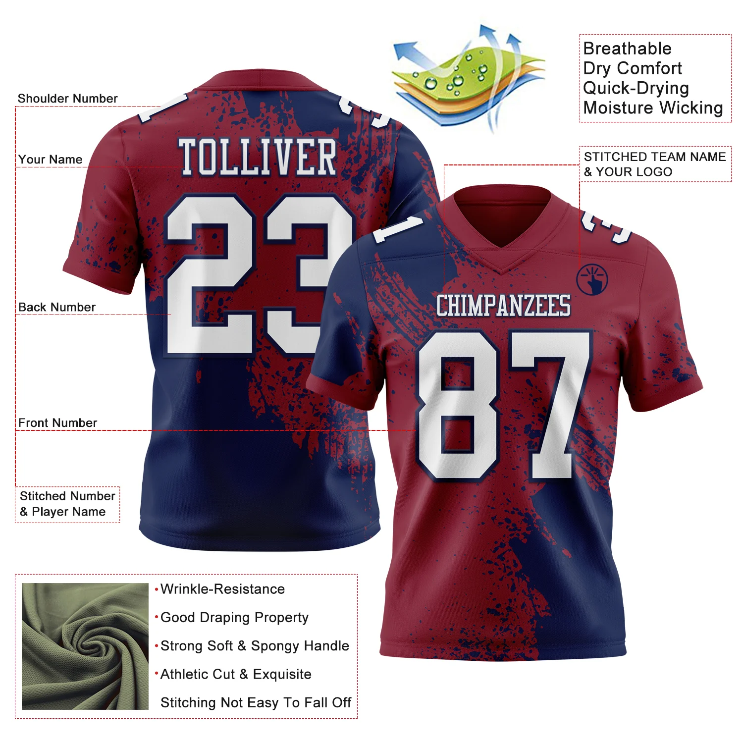 Custom Crimson White-Navy 3D Pattern Abstract Brush Stroke Authentic Football Jersey - Image 2
