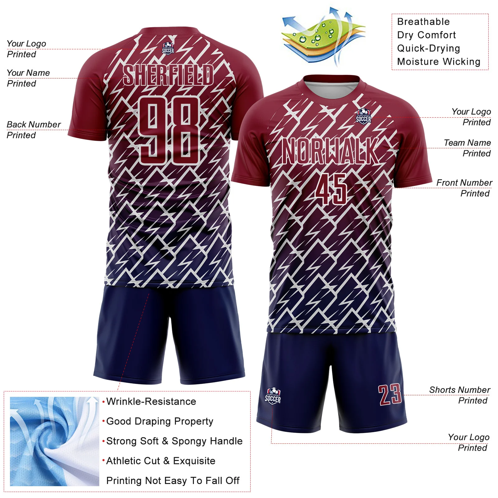 Custom Crimson Navy-White Lightning Sports Sublimation Soccer Uniform Jersey - Image 4