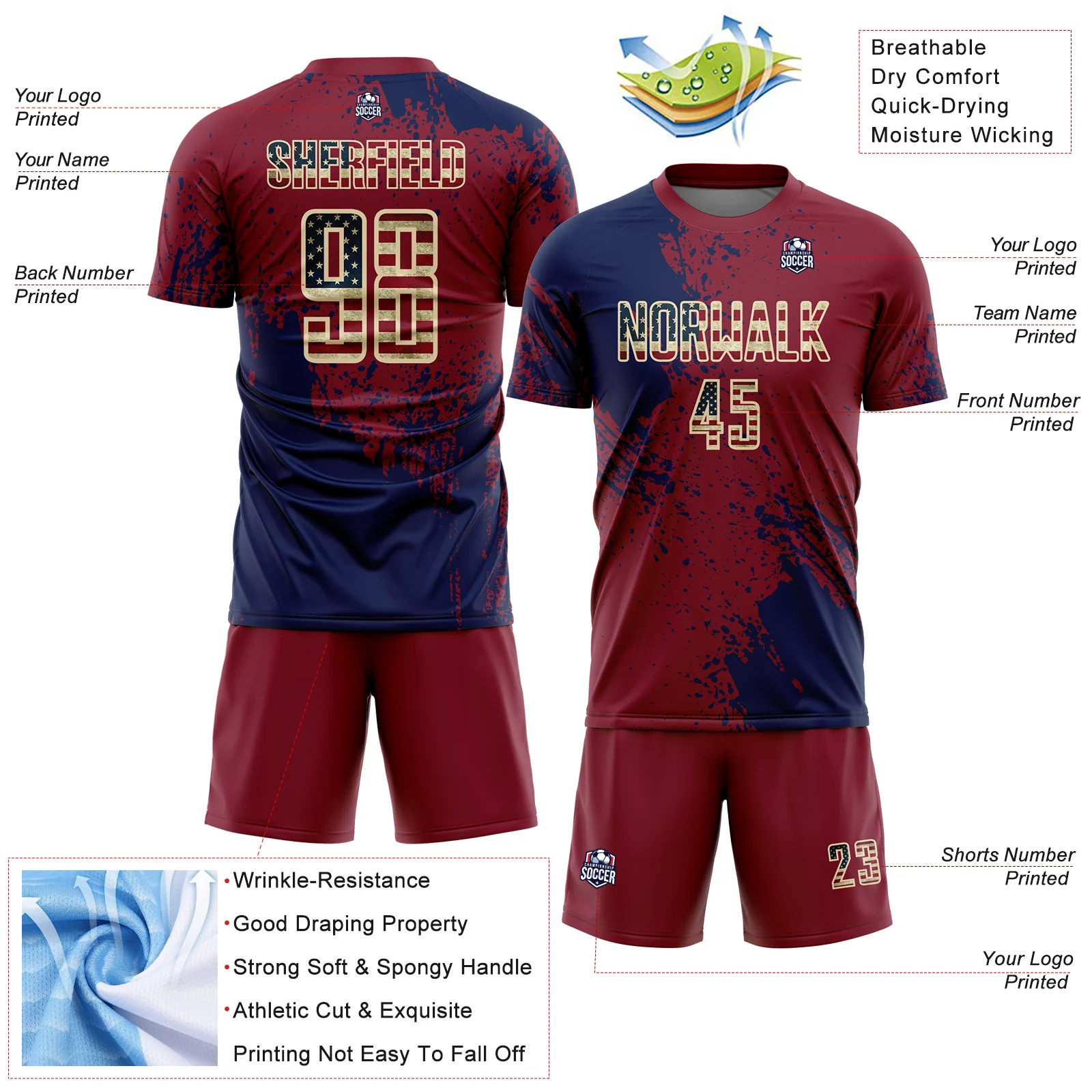 Custom Crimson Vintage USA Flag Navy-Cream Abstract Brush Stroke Sports Sublimation Soccer Uniform Jersey - Image 4