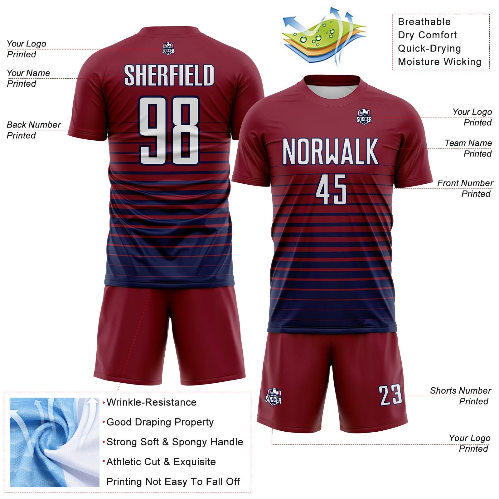Custom Crimson White-Navy Gradient Pinstripe Sublimation Soccer Uniform Jersey - Image 4