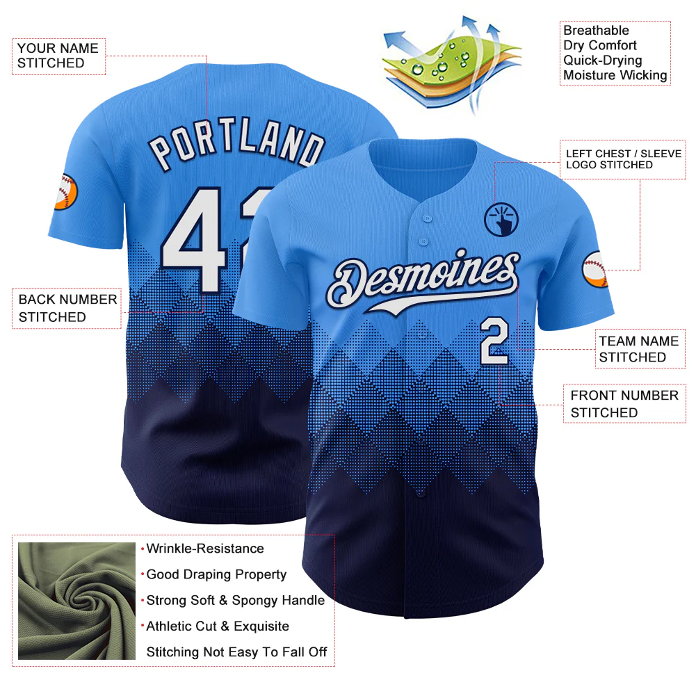 Custom Electric Blue White-Navy 3D Gradient Square Shape Authentic Baseball Jersey - Image 3