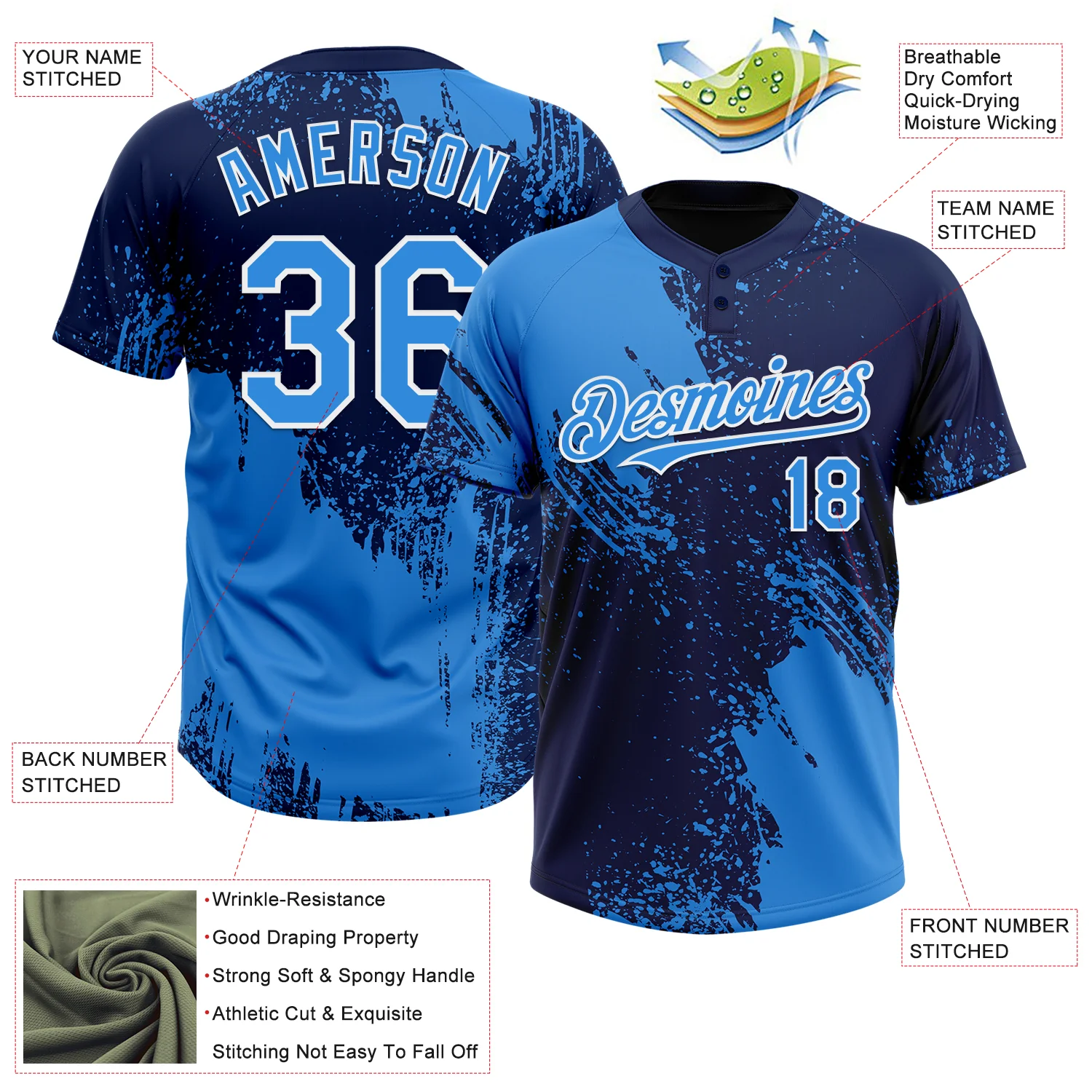 Custom Electric Blue Navy-White 3D Pattern Abstract Brush Stroke Two-Button Unisex Softball Jersey - Image 3