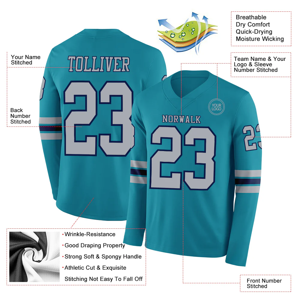 Custom Teal Gray-Navy Long Sleeve Authentic Football Jersey - Image 2
