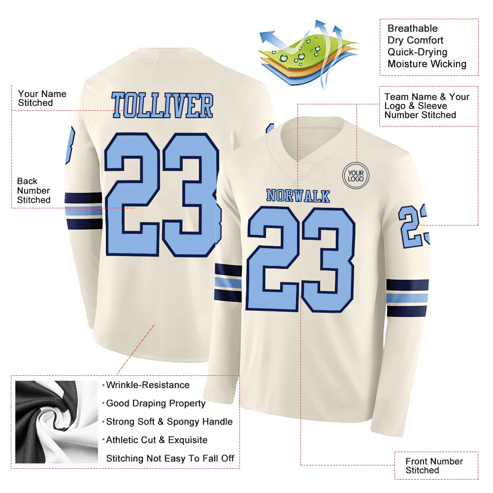 Custom Cream Light Blue-Navy Long Sleeve Authentic Football Jersey - Image 2
