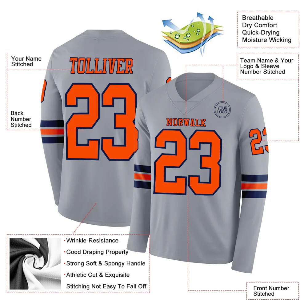 Custom Gray Orange-Navy Long Sleeve Authentic Football Jersey - Image 2