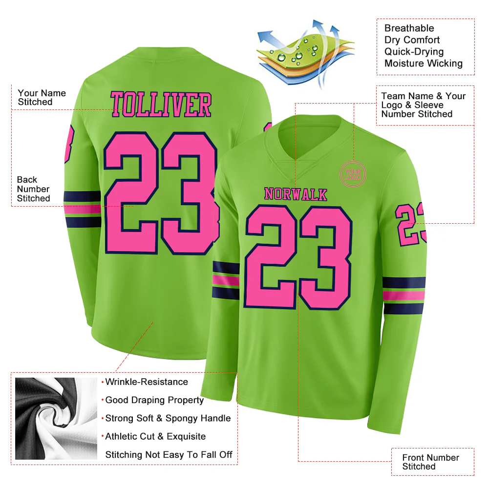 Custom Neon Green Pink-Navy Long Sleeve Authentic Football Jersey - Image 2