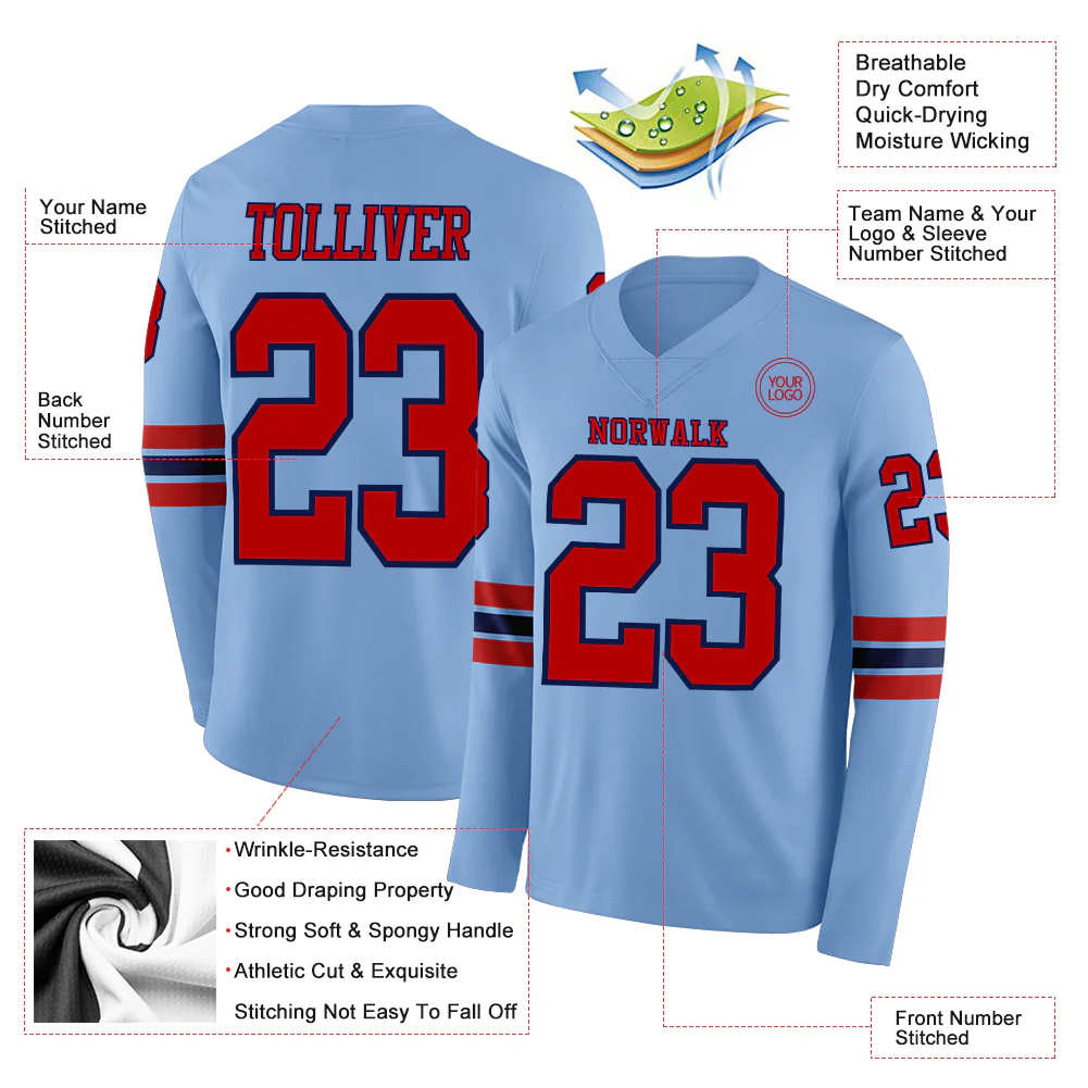 Custom Light Blue Red-Navy Long Sleeve Authentic Football Jersey - Image 2