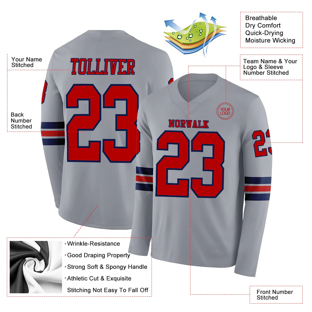 Custom Gray Red-Navy Long Sleeve Authentic Football Jersey - Image 2