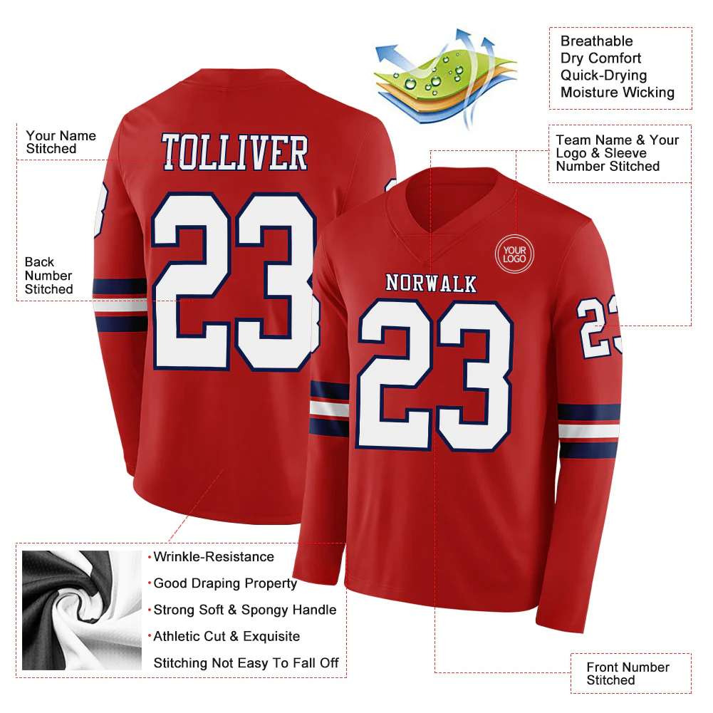 Custom Red White-Navy Long Sleeve Authentic Football Jersey - Image 2