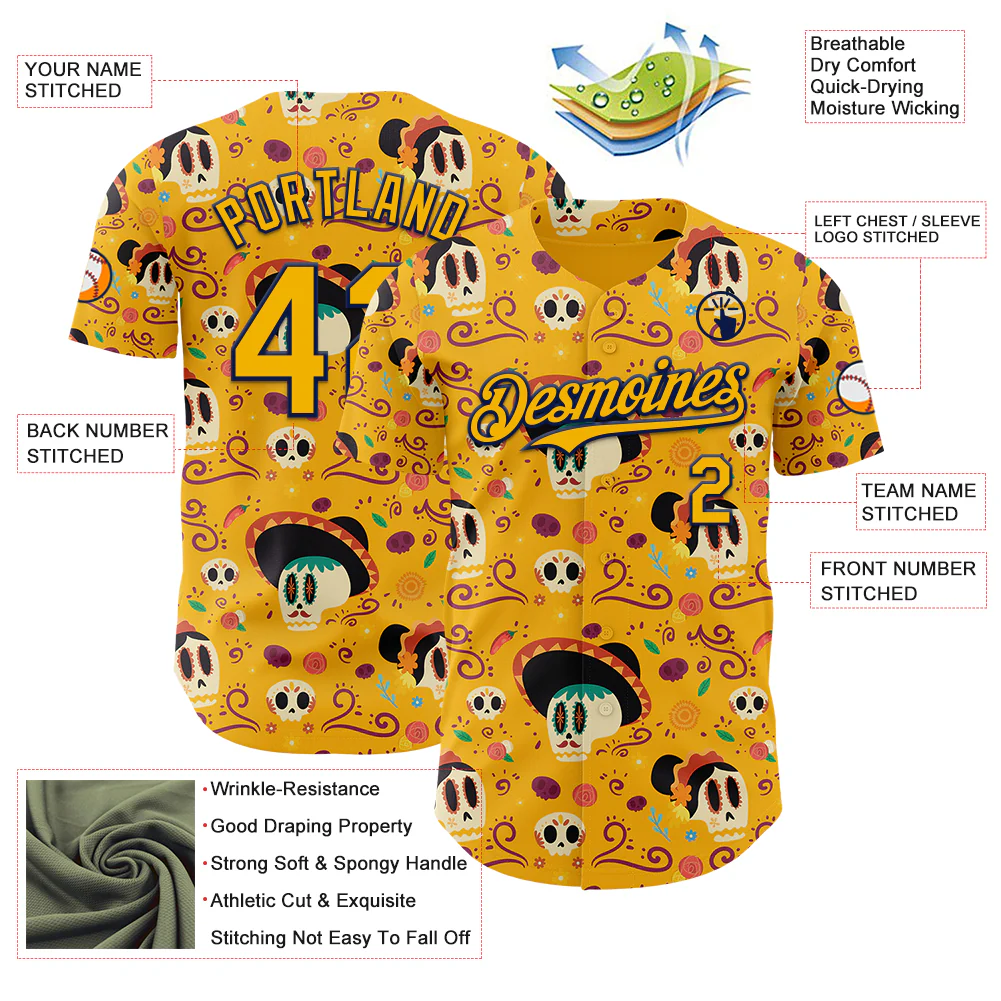 Custom Gold Navy Sugar Skull Day of the Dead Mexican Folk Art Authentic Baseball Jersey - Image 3
