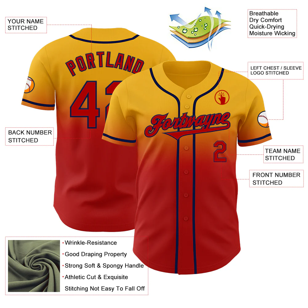 Custom Gold Red-Navy Authentic Fade Fashion Baseball Jersey - Image 3