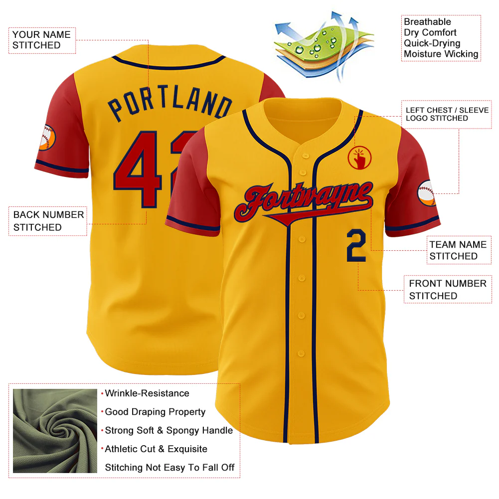 Custom Gold Red-Navy Authentic Two Tone Baseball Jersey - Image 3