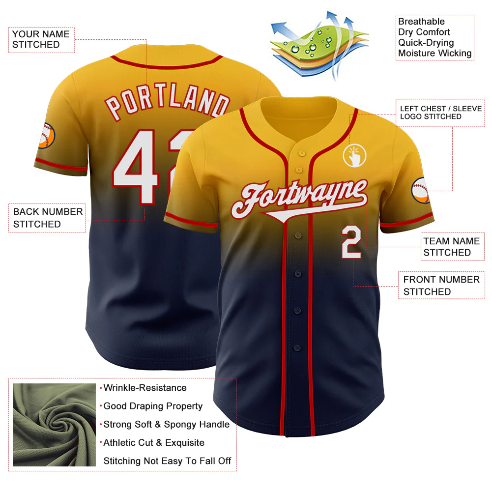 Custom Gold Navy-Red Authentic Fade Fashion Baseball Jersey - Image 3
