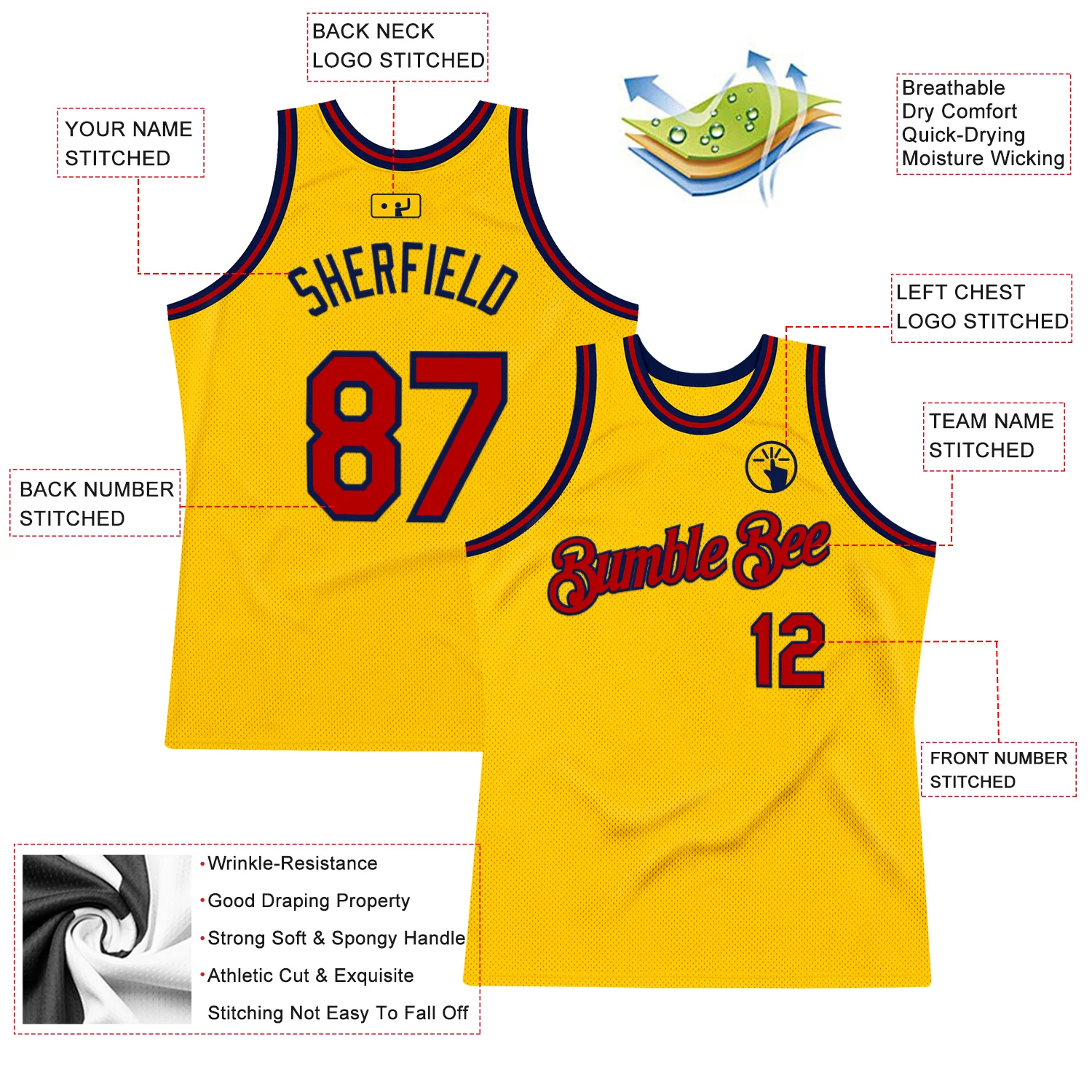 Custom Gold Red-Navy Authentic Throwback Basketball Jersey - Image 2