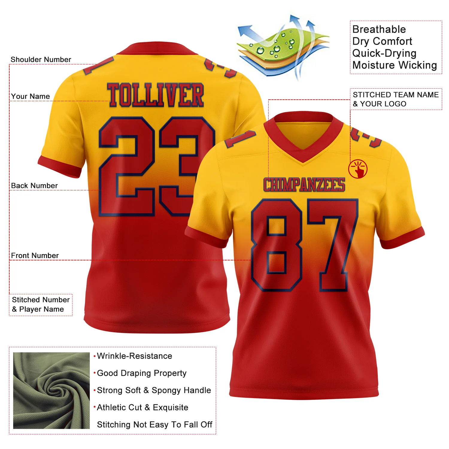 Custom Gold Red-Navy Authentic Fade Fashion Football Jersey - Image 2