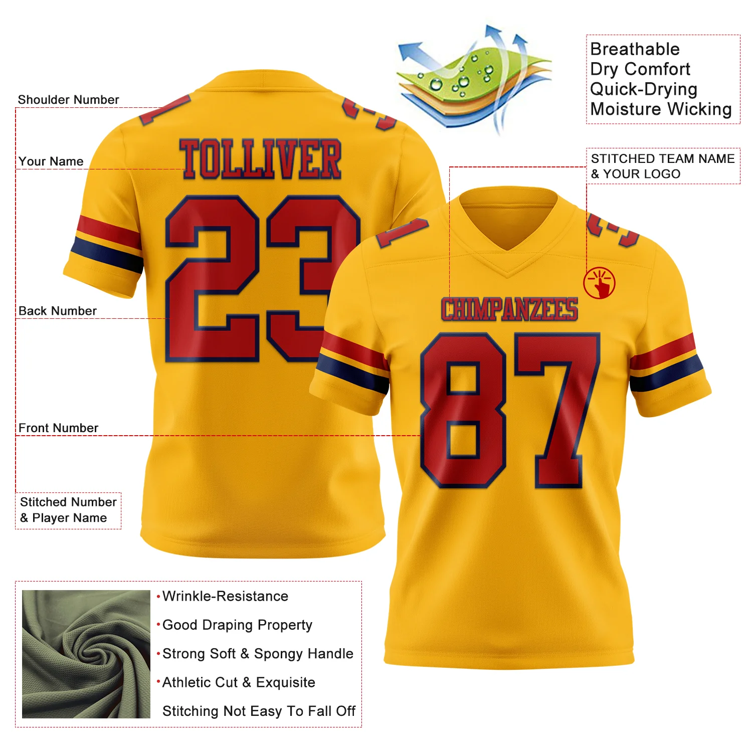 Custom Gold Red-Navy Authentic Football Jersey - Image 3