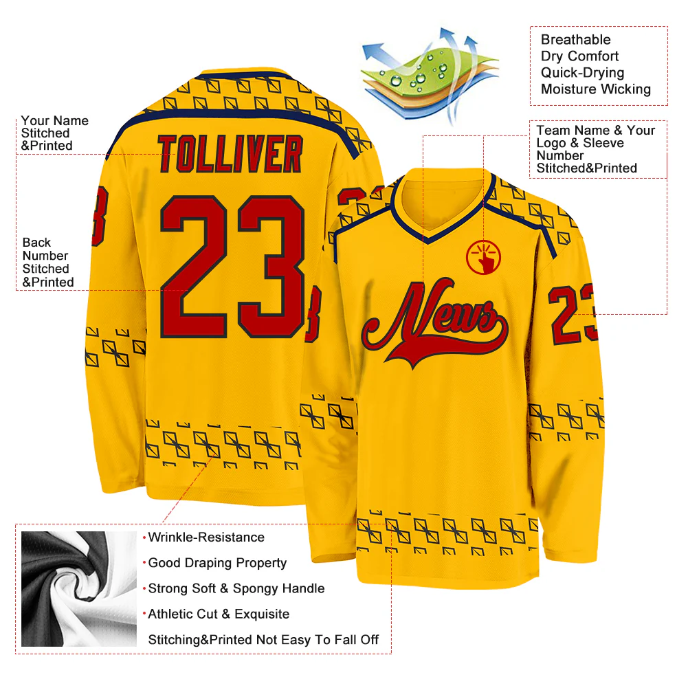 Custom Gold Red Navy-Black Plaid Hockey Jersey - Image 5