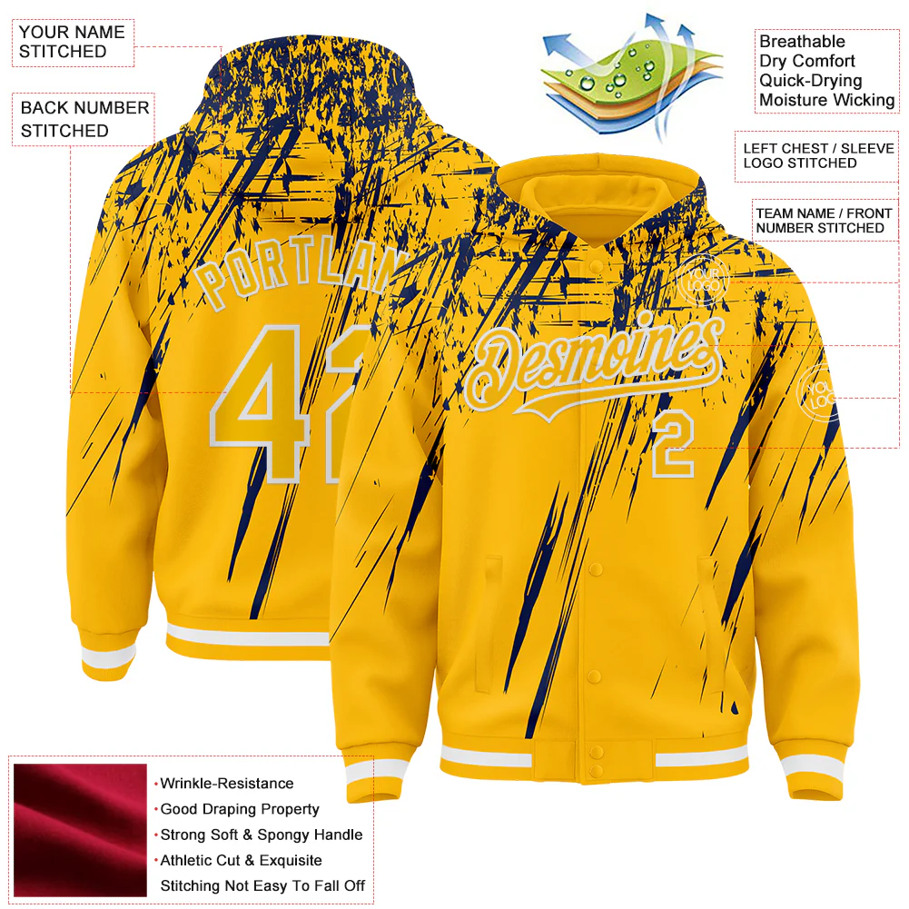 Custom Gold Navy-White Splash Bomber Full-Snap Varsity Letterman Hoodie Jacket - Image 4