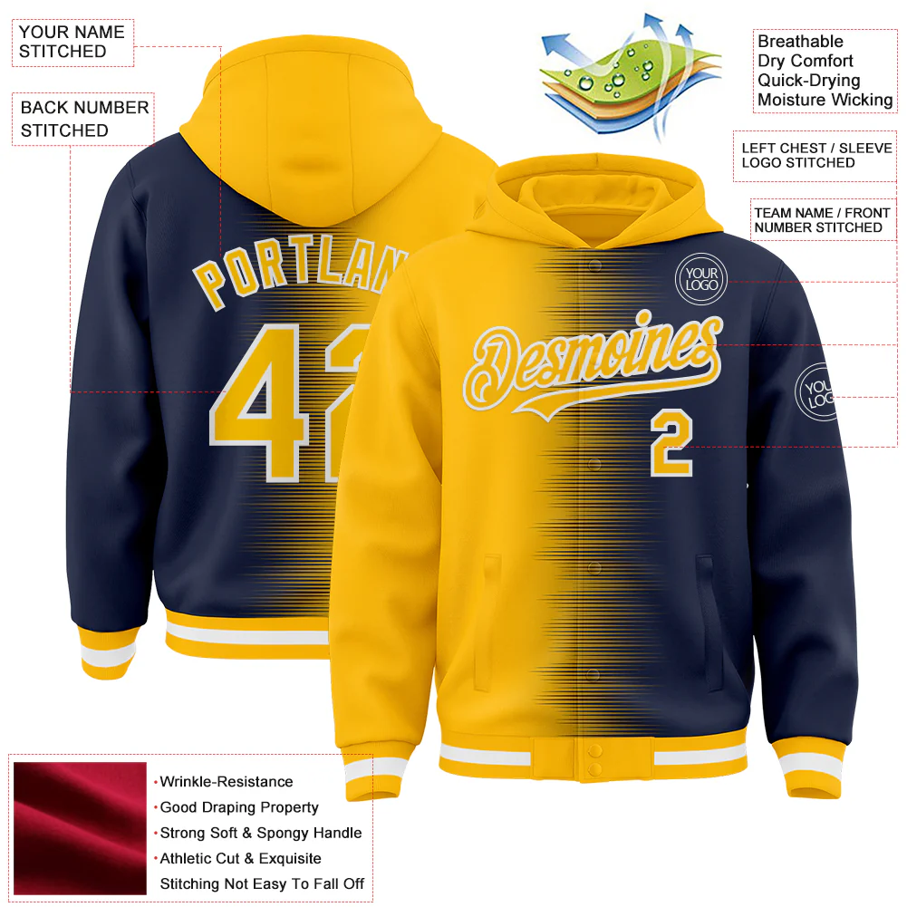 Custom Gold Navy-White Gradient Line Bomber Full-Snap Varsity Letterman Hoodie Jacket - Image 4