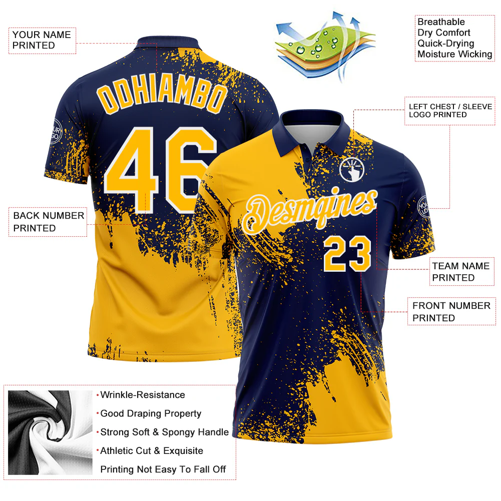 Custom Gold Navy-White 3D Pattern Design Abstract Brush Stroke Performance Polo Shirt - Image 3