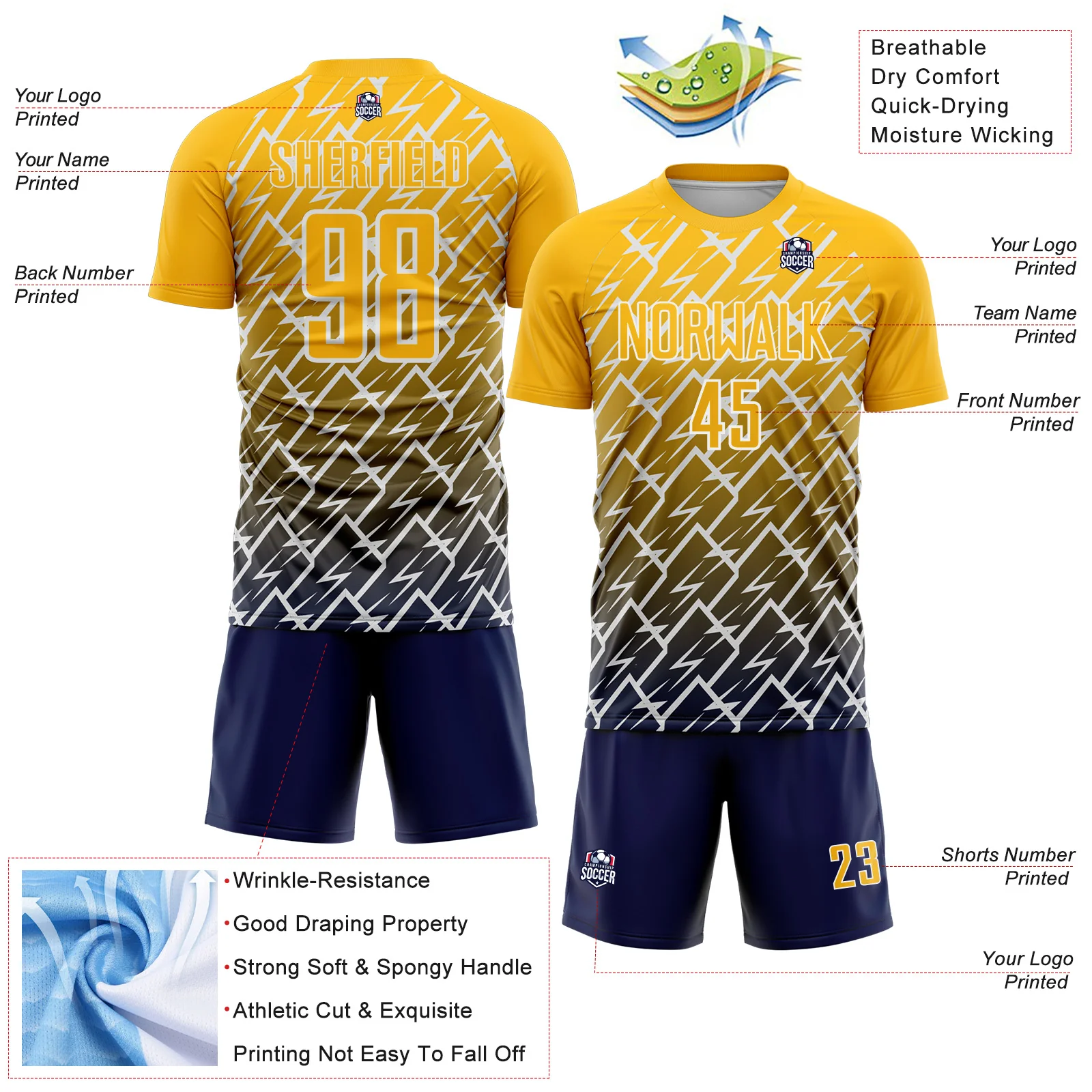 Custom Gold Navy-White Lightning Sports Sublimation Soccer Uniform Jersey - Image 4