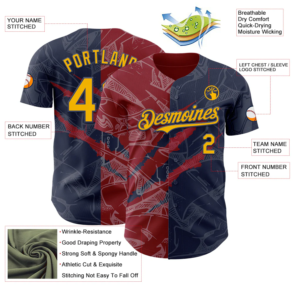 Custom Graffiti Pattern Gold Navy-Crimson 3D Scratch Authentic Baseball Jersey - Image 3