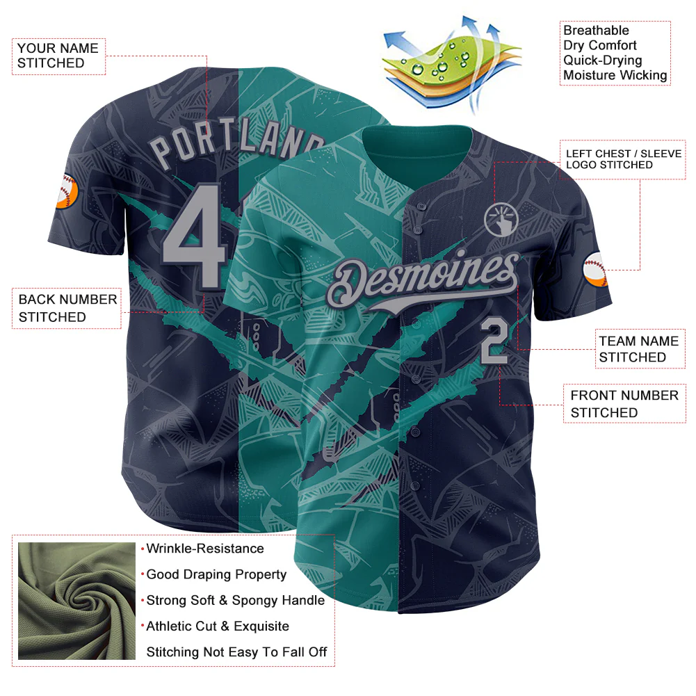 Custom Graffiti Pattern Gray Navy-Teal 3D Scratch Authentic Baseball Jersey - Image 3
