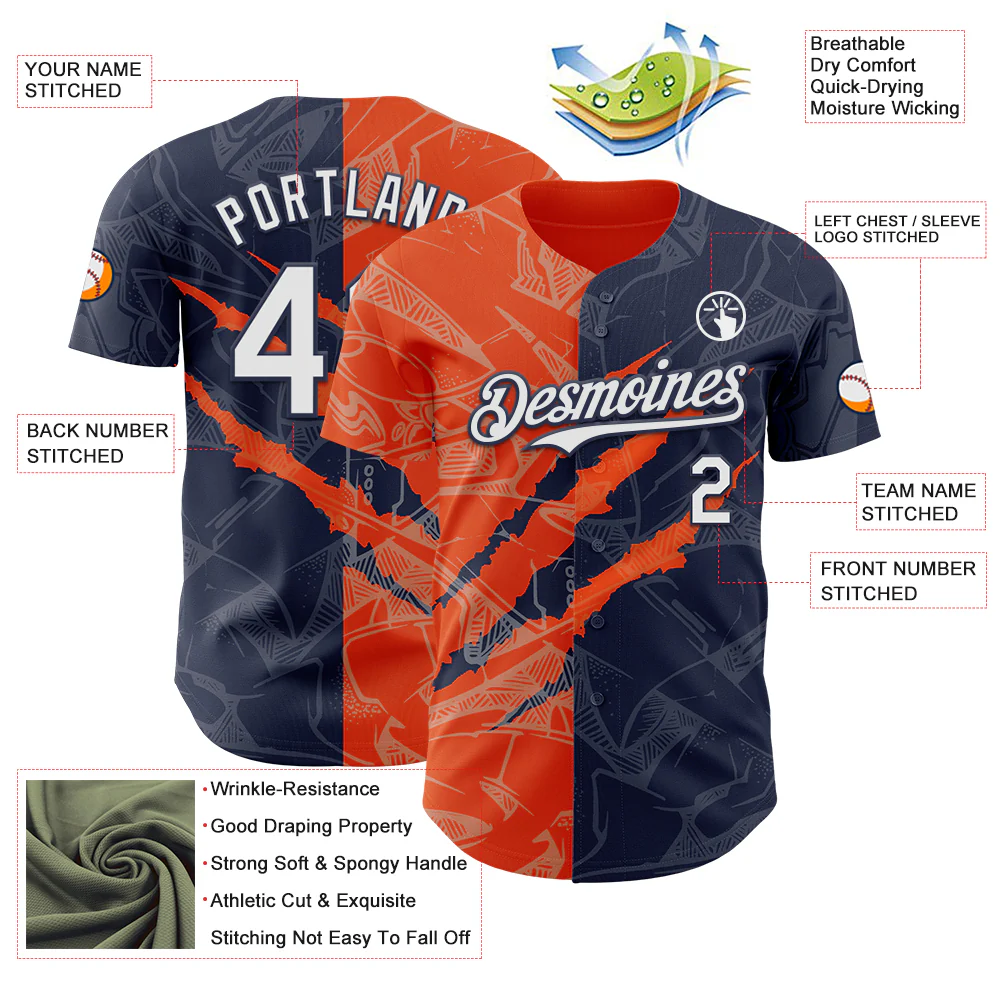 Custom Graffiti Pattern White Navy-Orange 3D Scratch Authentic Baseball Jersey - Image 3