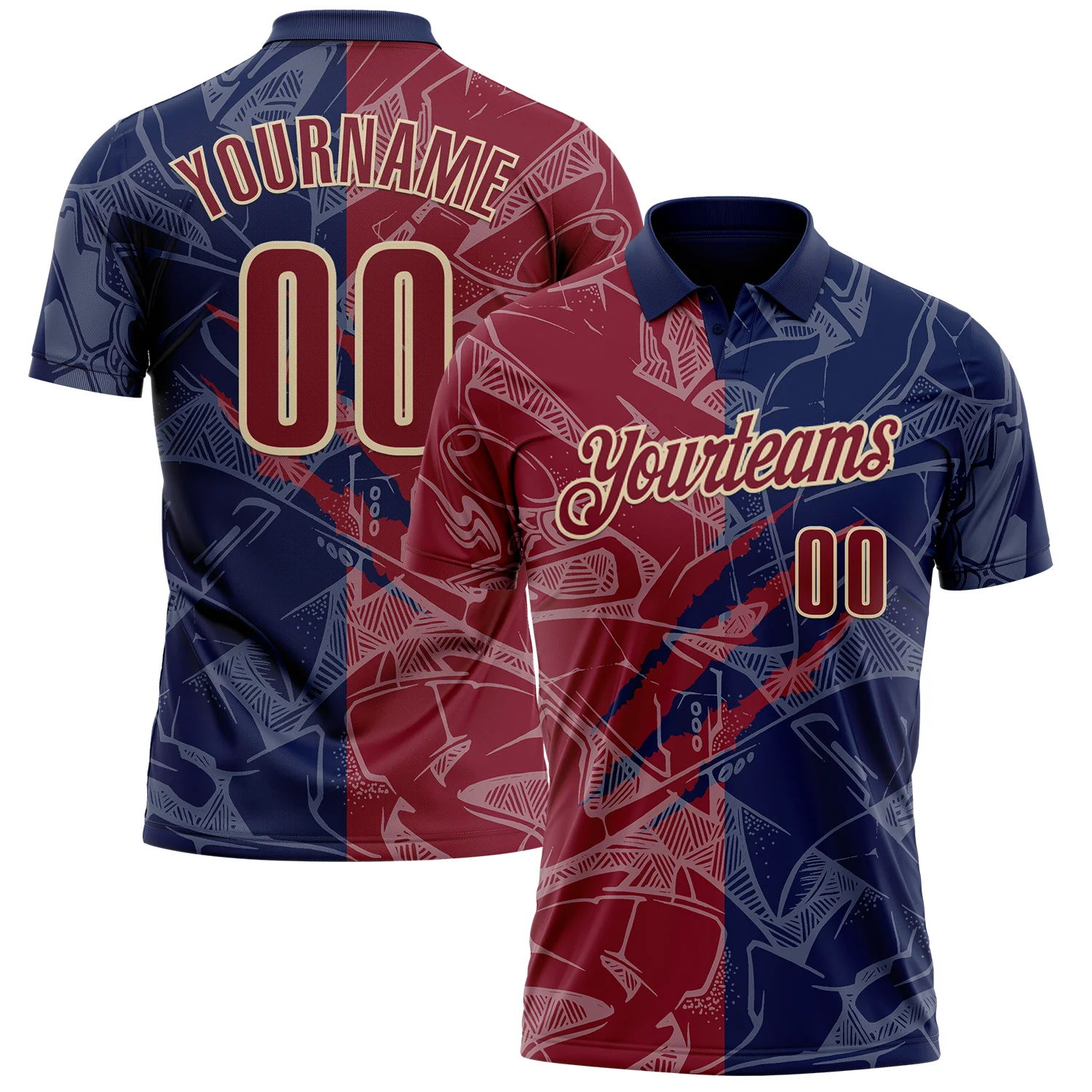 Custom Graffiti Pattern Crimson Navy-Cream 3D Scratch Performance Polo Shirt