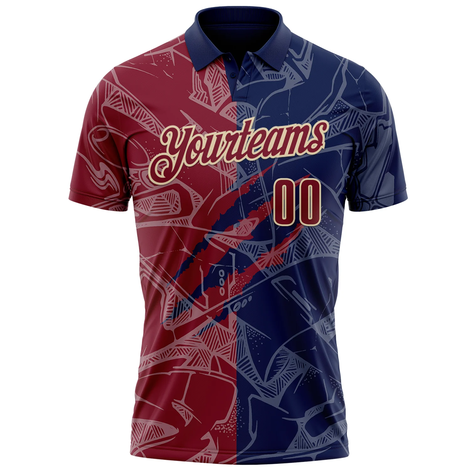 Custom Graffiti Pattern Crimson Navy-Cream 3D Scratch Performance Polo Shirt - Image 2