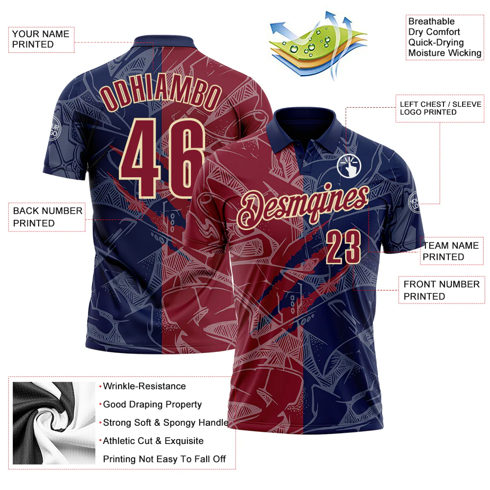 Custom Graffiti Pattern Crimson Navy-Cream 3D Scratch Performance Polo Shirt - Image 3