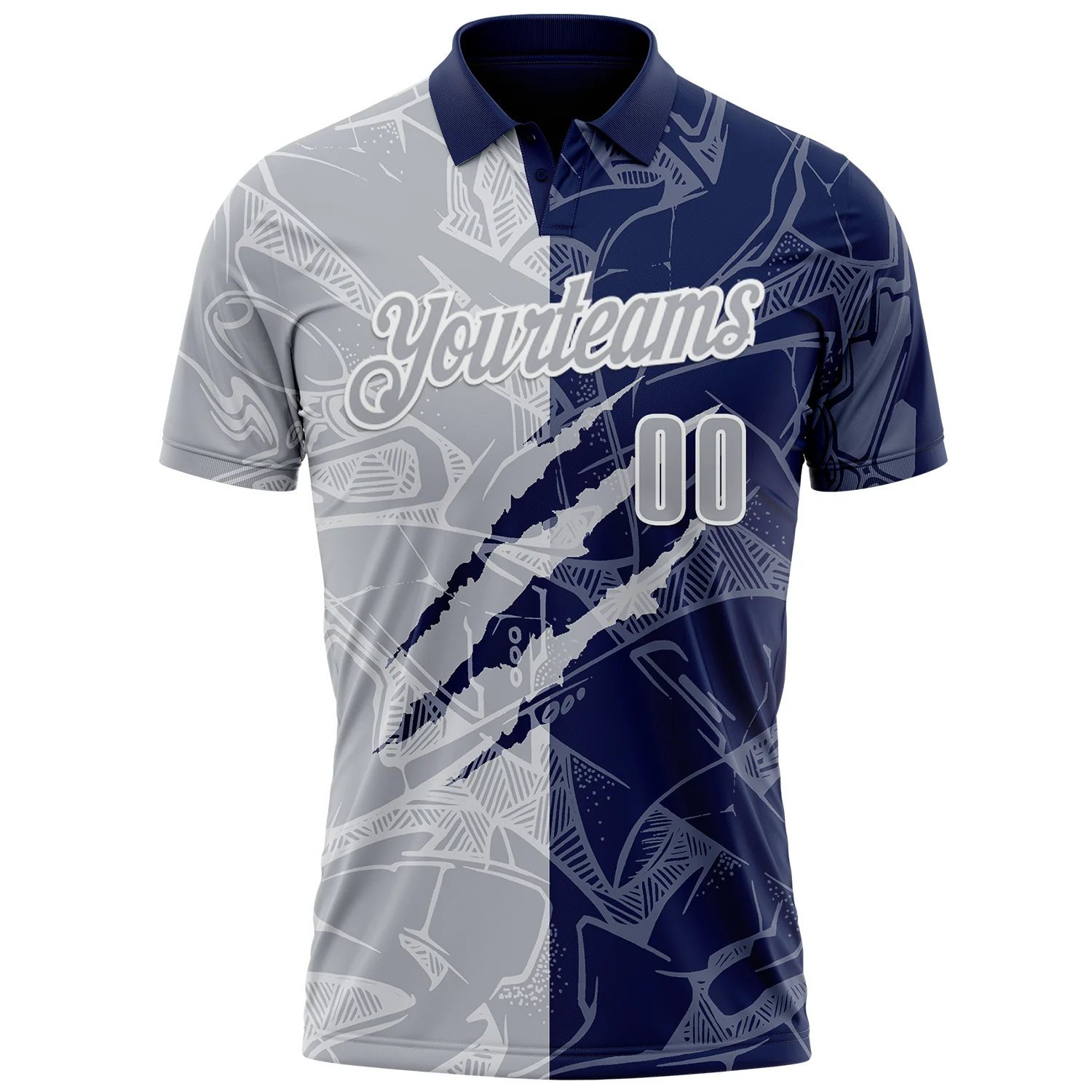 Custom Graffiti Pattern Gray Navy-White 3D Scratch Performance Polo Shirt - Image 2