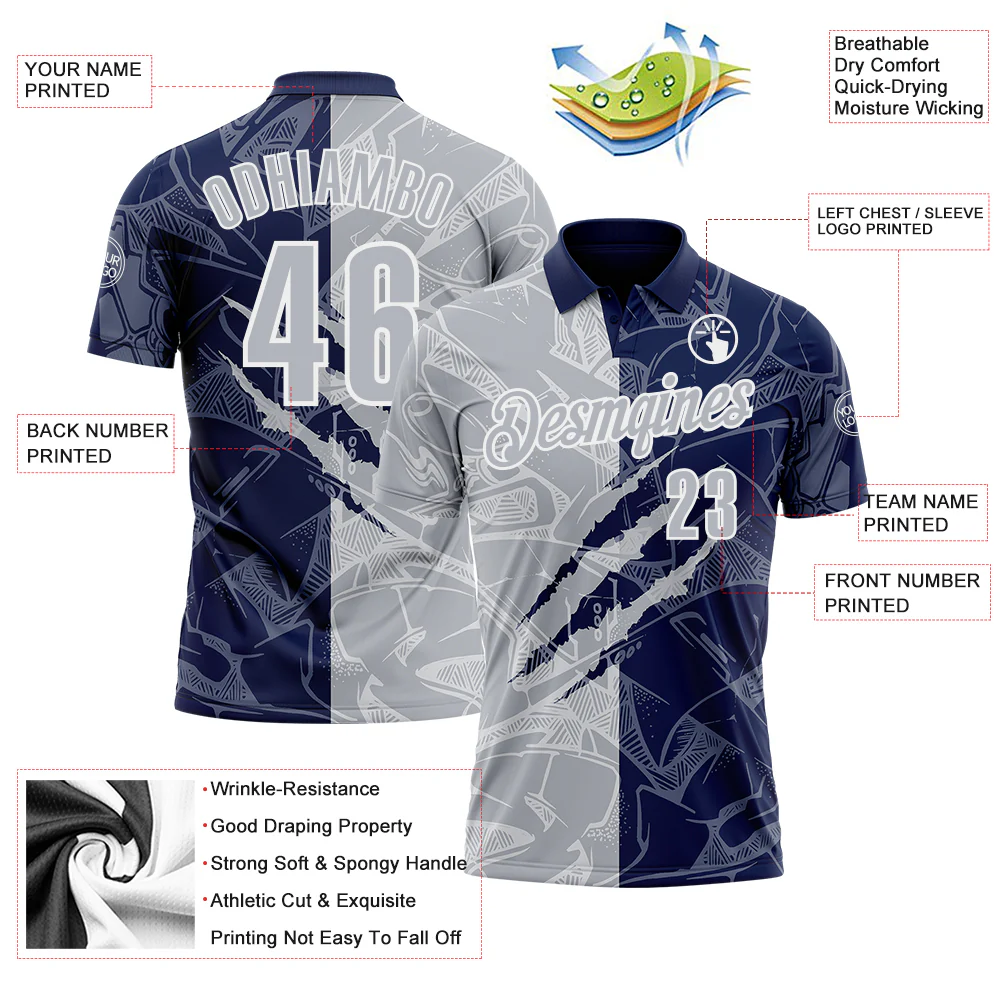 Custom Graffiti Pattern Gray Navy-White 3D Scratch Performance Polo Shirt - Image 3