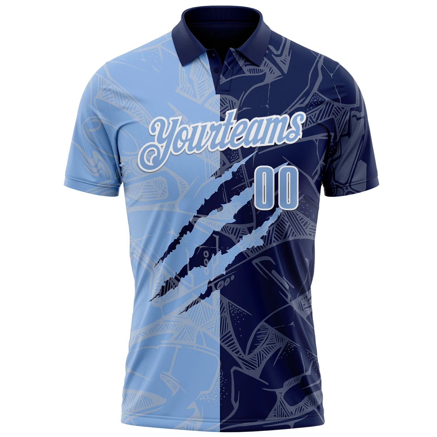 Custom Graffiti Pattern Light Blue Navy-White 3D Scratch Performance Polo Shirt - Image 2