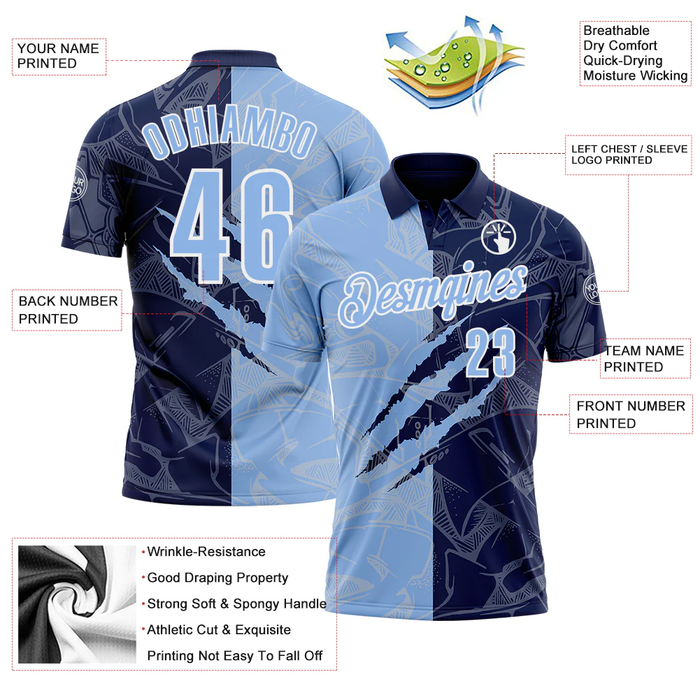 Custom Graffiti Pattern Light Blue Navy-White 3D Scratch Performance Polo Shirt - Image 3