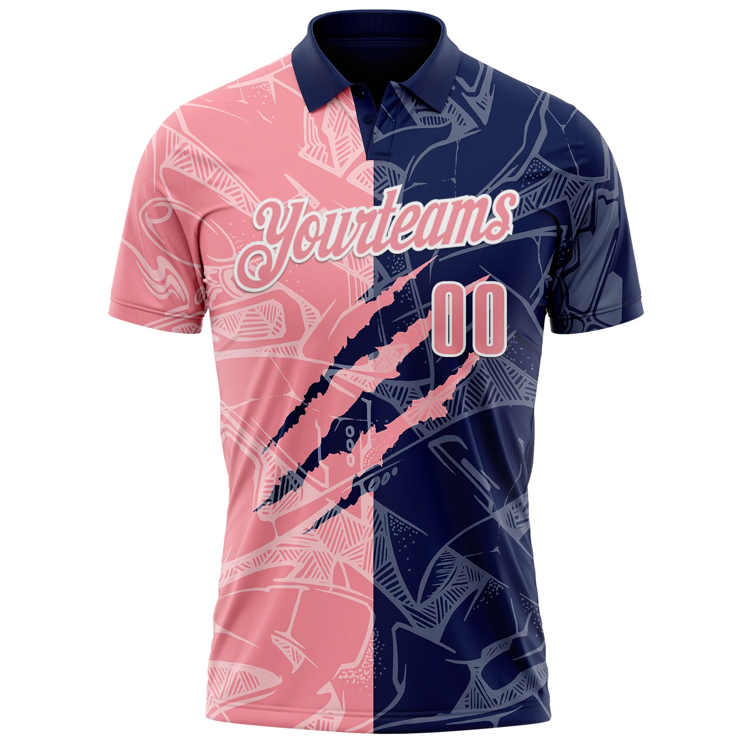 Custom Graffiti Pattern Medium Pink Navy-White 3D Scratch Performance Polo Shirt - Image 2