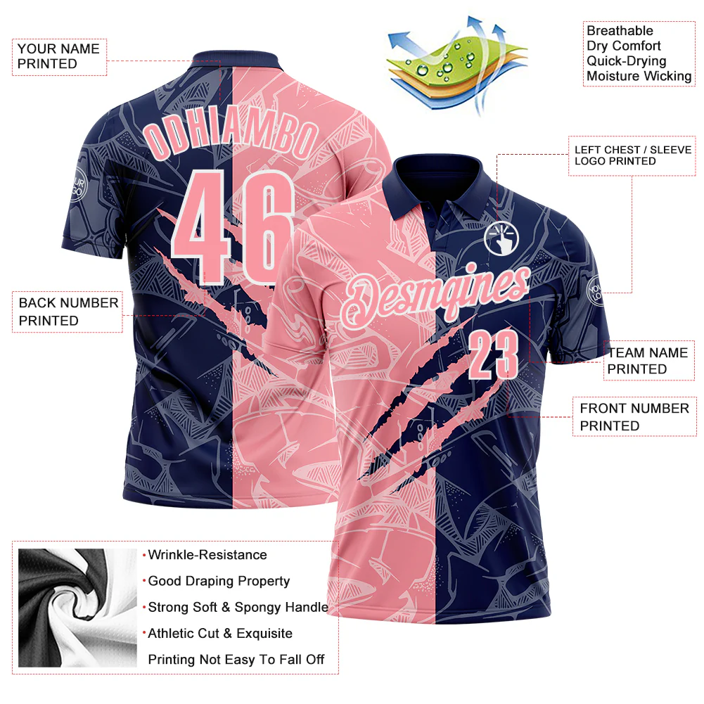 Custom Graffiti Pattern Medium Pink Navy-White 3D Scratch Performance Polo Shirt - Image 3