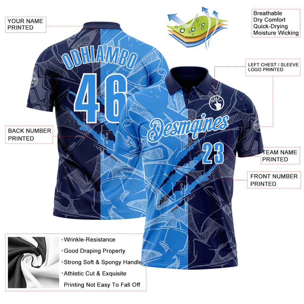 Custom Graffiti Pattern Powder Blue Navy-White 3D Scratch Performance Polo Shirt - Image 3
