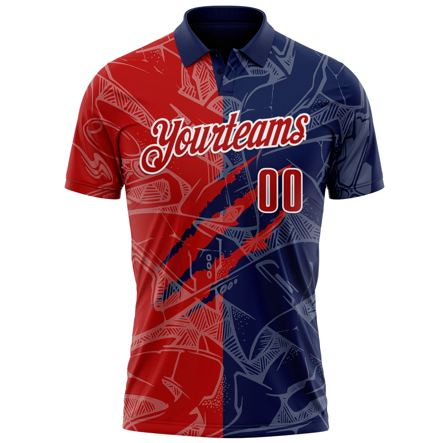 Custom Graffiti Pattern Red Navy-White 3D Scratch Performance Polo Shirt - Image 2